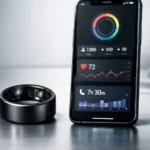 Un Smart Ring alături de un smartphone cu interfață de monitorizare fitness, ilustrând pregătirea Garmin pentru această categorie de produse.