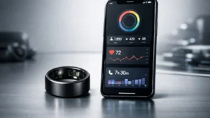 Un Smart Ring alături de un smartphone cu interfață de monitorizare fitness, ilustrând pregătirea Garmin pentru această categorie de produse.