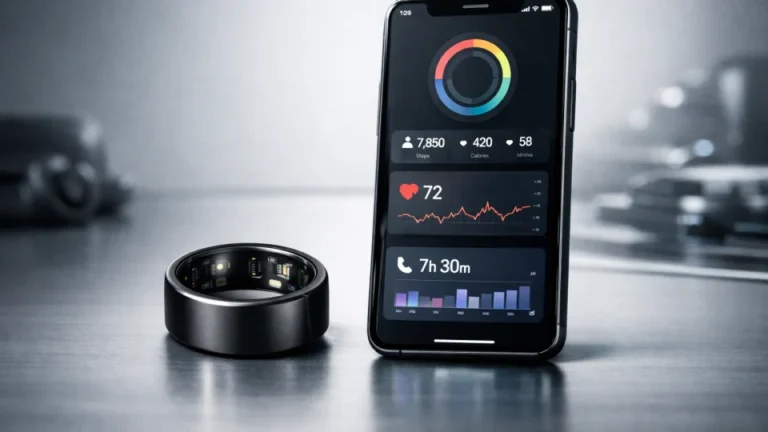 Un Smart Ring alături de un smartphone cu interfață de monitorizare fitness, ilustrând pregătirea Garmin pentru această categorie de produse.