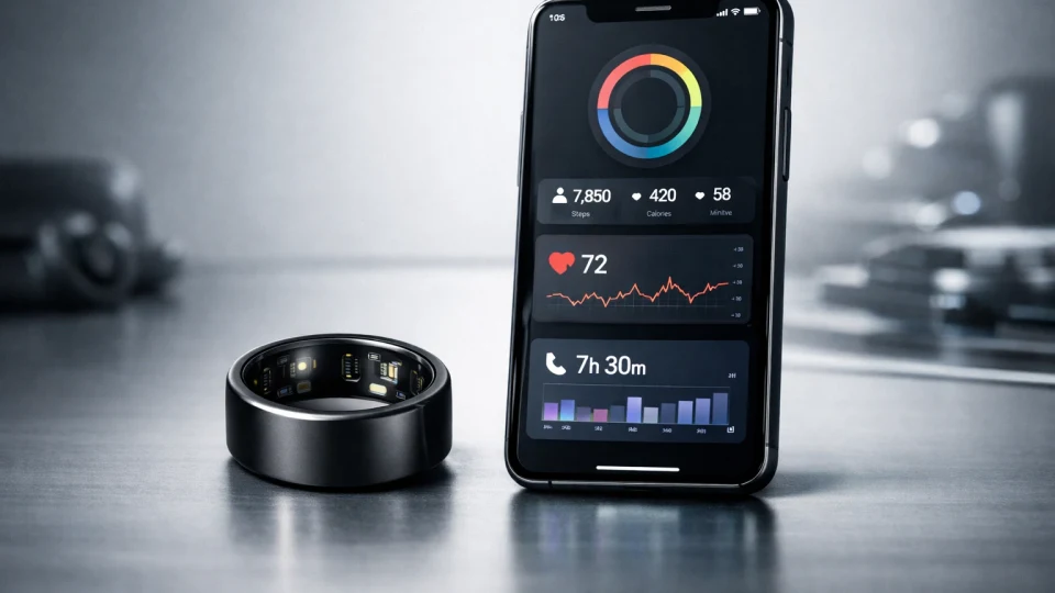 Un Smart Ring alături de un smartphone cu interfață de monitorizare fitness, ilustrând pregătirea Garmin pentru această categorie de produse.